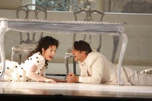 Nathan Gunn as Figaro, with Joyce DiDonato as Rosina, in LA Opera's "The Barber of Seville" / photo by Robert Millard